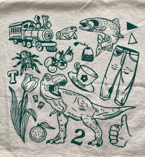 Collection of black illustrations on a textured beige background, including a dinosaur, train, flowers, and other objects.