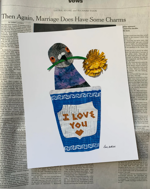 Illustration of a pigeon holding a flower with 'I love you' on a newspaper background