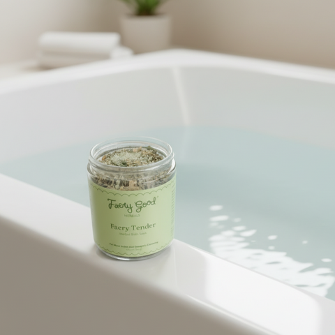Jar of herbs labeled 'Faery Good' on a white background