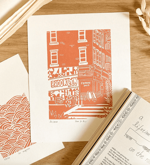 Brooklyn Coffee Shop Linocut Print - The WonderMart