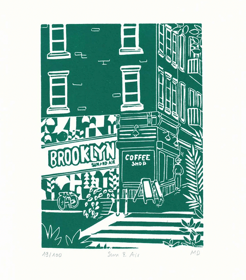 Brooklyn Coffee Shop Linocut Print - The WonderMart