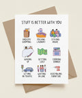 Card with illustrations and text 'Stuff is better with you' on a gray background