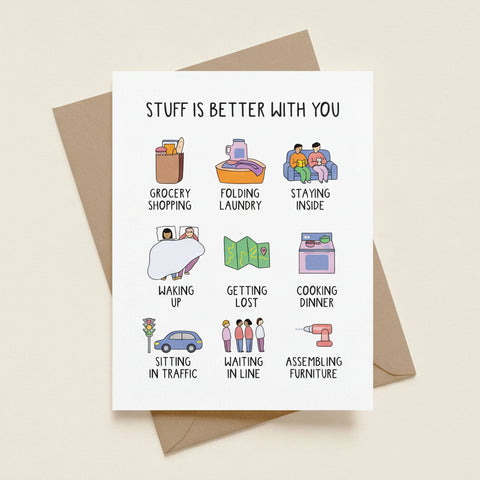 Card with illustrations and text 'Stuff is better with you' on a gray background