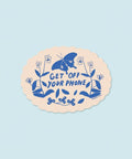 Circular sticker with blue butterfly and floral design on beige background
