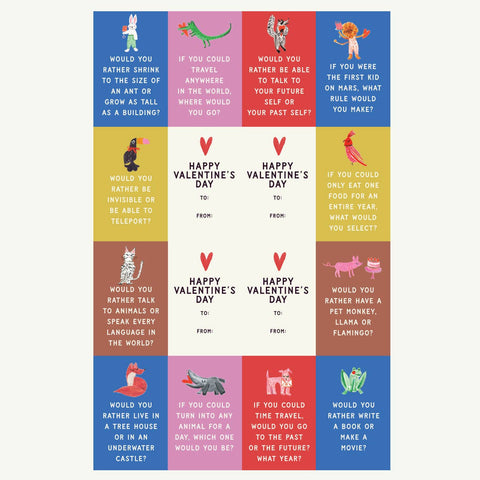 Valentine's Day card with humorous questions and colorful design