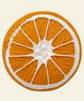Round orange slice-shaped object with white center on a white background