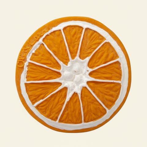 Round orange slice-shaped object with white center on a white background