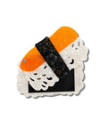 A novelty compact mirror like a piece of sushi, featuring an orange top, a black patterned band, and white rice details, set against a plain white background.