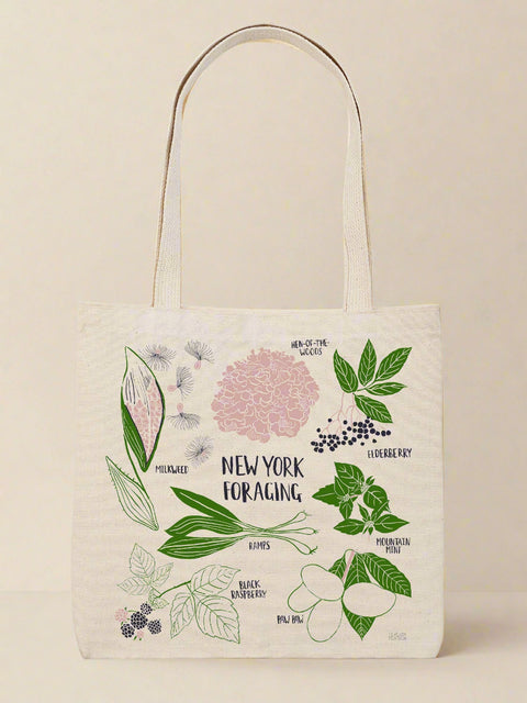 Tote bag with botanical illustrations and text on a white background