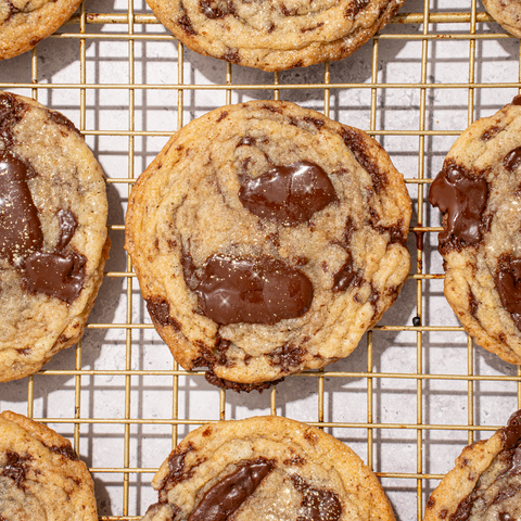 Chocolate chip cookies on a cooling rack