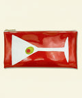 Red pouch with white design on a yellow background