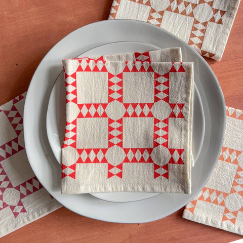 Triple Diamond Printed Napkin Set, Tomato Red