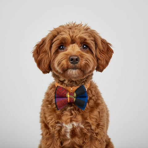 A small fabric bow tie with a multicolor plaid pattern, featuring red, blue, black, purple, and yellow sections, centered on a light off-white background.