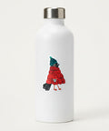 A die-cut sticker featuring a whimsical illustration of a bird dressed in a red knit sweater and a dark green knit hat with a small green pom-pom, shown on a light cream background.