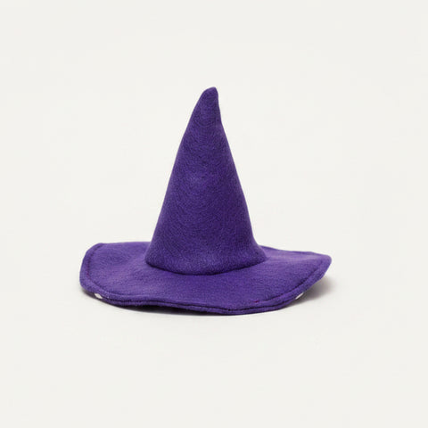 A small purple felt witch hat for pets.