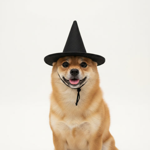 A small dog wearing a black felt witch hat.