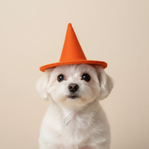 A small white dog wearing an orange felt witch hat.