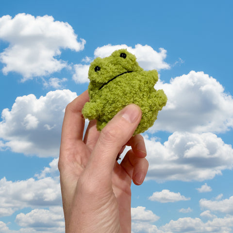 Hand holding a small green plush frog toy against a plain background