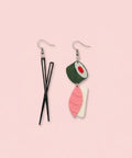 earrings in the shape of sushi and chop sticks