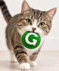 A green felt G train shaped catnip toy in a cats mouth.