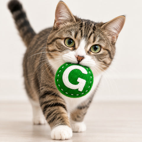 A green felt G train shaped catnip toy in a cats mouth.