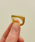 Gold ring held by a hand in a store setting