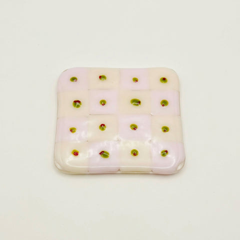Olive Checkerboard Glass Coaster, Pink