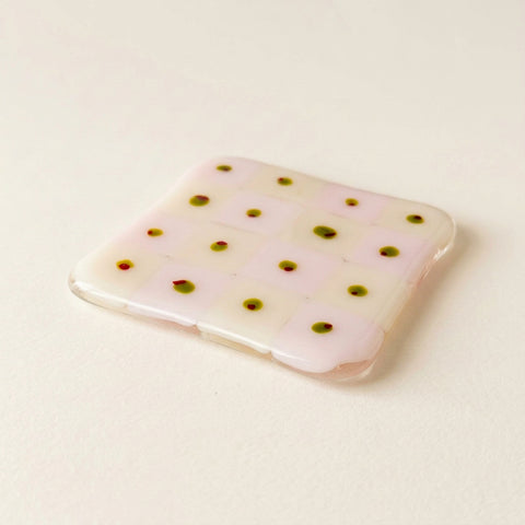 Olive Checkerboard Glass Coaster, Pink