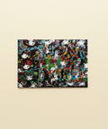 Colorful abstract art print on a wooden surface