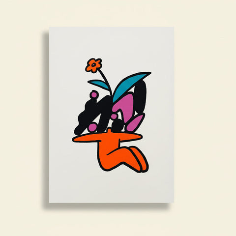 Abstract artwork with colorful shapes on a beige background