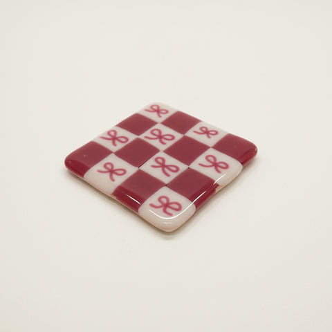 Bow Checkerboard Glass Coaster, Pink