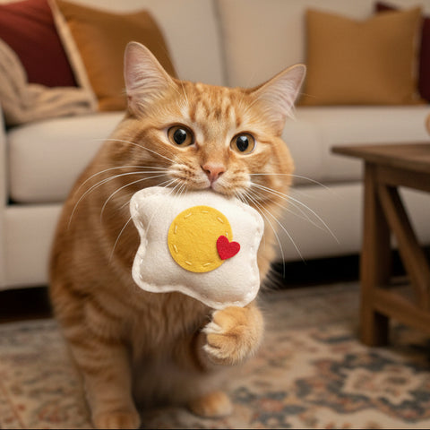 Fried egg shaped catnip toy in a cats mouth.