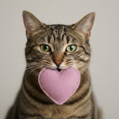 Pink heart-shaped fabric toy on a light gray background