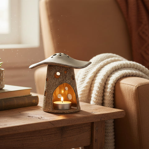 Ceramic mushroom-shaped object on a wooden surface