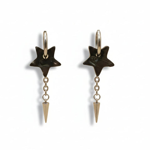 Black star-shaped earrings with dangling spikes.