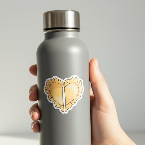 Heart-shaped pierogi sticker on a grey water bottle.