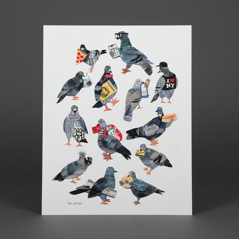 Illustration of pigeons with various accessories 