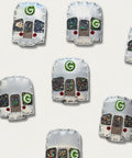 Multiple small refrigerator magnets shaped like the Brooklyn 'G' Train