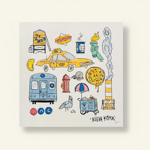 Illustrated New York City-themed artwork on a wooden surface