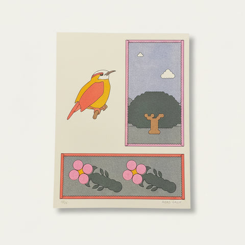 Illustrated print with a bird, tree, and flowers on a wooden surface