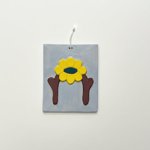 Blue, yellow and brown reflected flower wall tile 