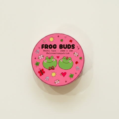 Pink washi tape roll labeled 'Frog Buds' with cartoon frogs