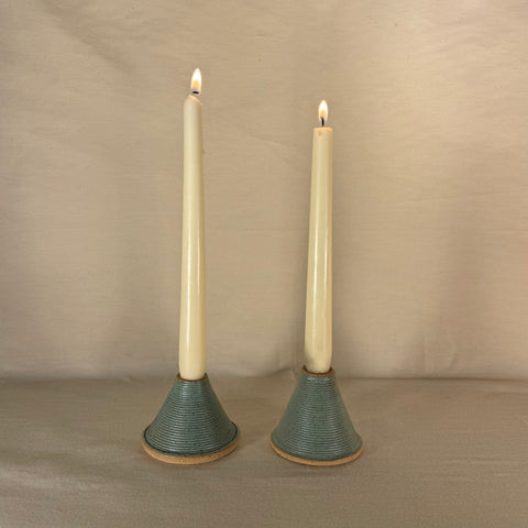 Teal Ribbed Candle Holder Set