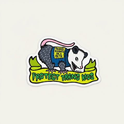 Sticker with an illustration of a creature and text on a wooden surface