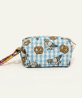 Dog waste bag dispenser with pigeon and pretzel pattern.