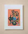 Art print of a still life scene with a teapot and flowers on a wooden surface.