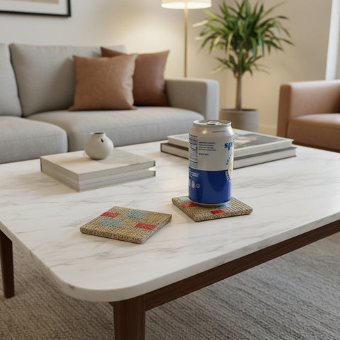 A silver and blue beverage can sits on a woven square coaster on a wooden table, with another patterned coaster nearby and a blurred shop interior in the background.