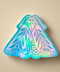 Holographic cicada sticker with geometric design on a tan surface