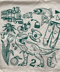 Collection of black illustrations on a textured beige background, including a dinosaur, train, flowers, and other objects.