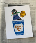 Illustration of a pigeon holding a flower with 'I love you' on a newspaper background